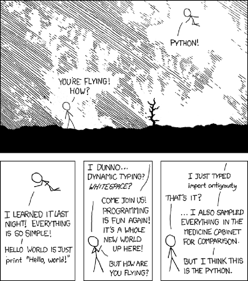 XKCD Comic about the Python programming language being magical. import gravity