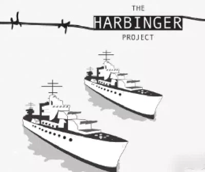 An illustration in black and white. Two battleships on open water.